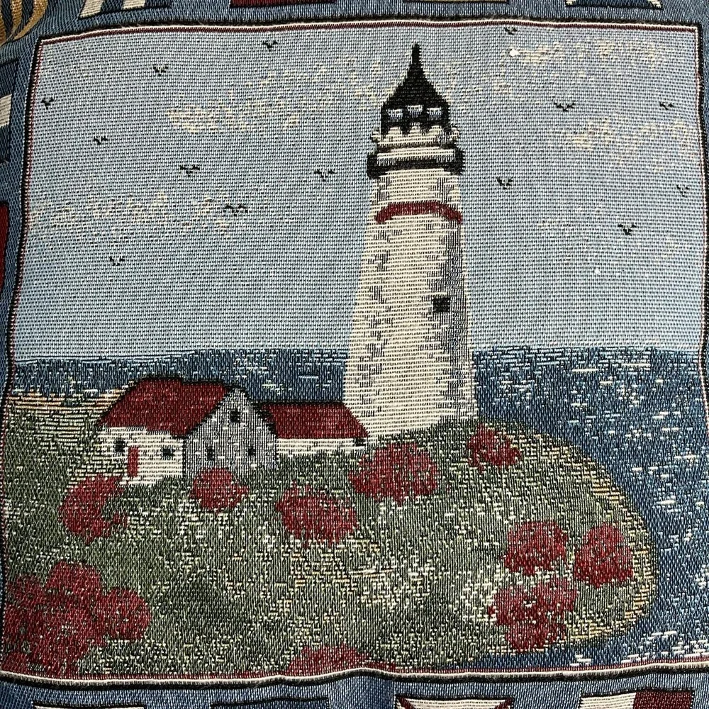 VTG Lighthouse Nautical Flags Pillow Coastal Scene Blue 16